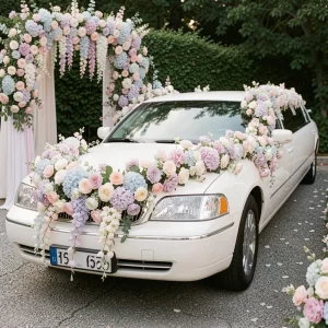 Luxury white wedding limousine decorated with flowers for Wedding Limo Service Seattle