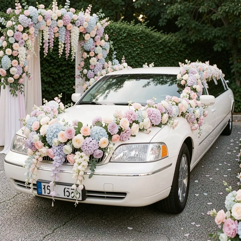 Luxury white wedding limousine decorated with flowers for Wedding Limo Service Seattle